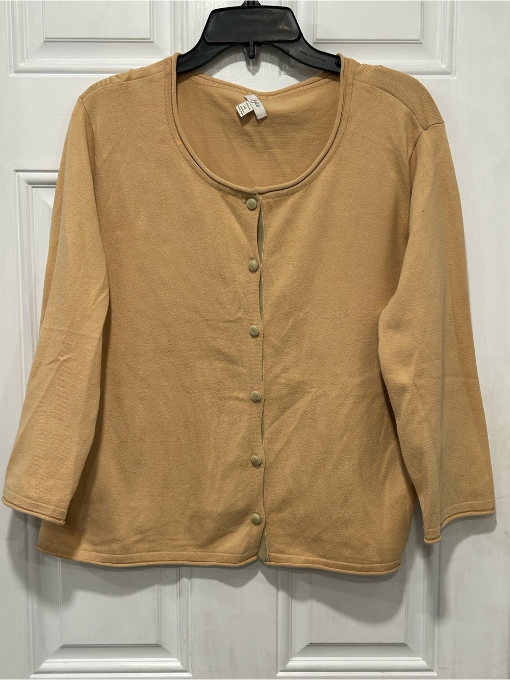 J. Jill Stretch Knit Cardigan Sweater XL Camel Tan Velvet Trim Buttons Placket